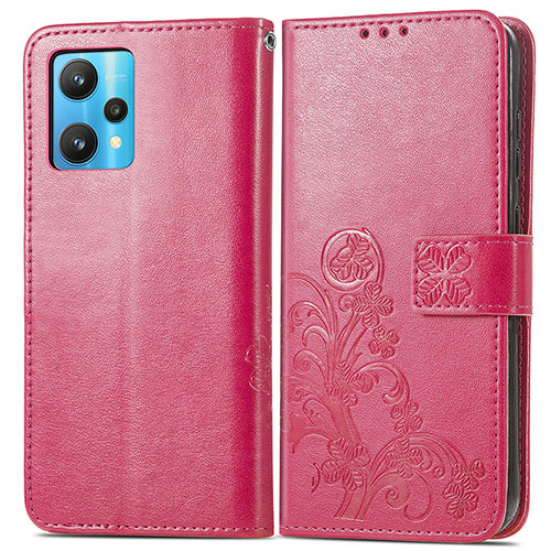 Leather Case Stands Flip Flowers Cover Holder for Realme 9 4G Hot Pink