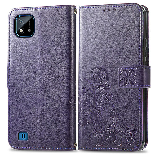 Leather Case Stands Flip Flowers Cover Holder for Realme C11 (2021) Purple