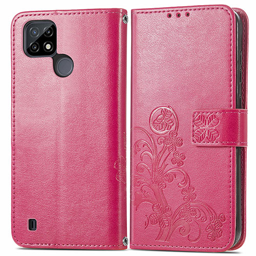 Leather Case Stands Flip Flowers Cover Holder for Realme C21Y Hot Pink