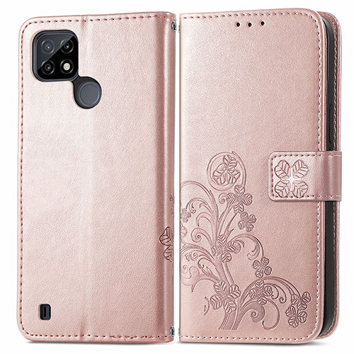 Leather Case Stands Flip Flowers Cover Holder for Realme C21Y Rose Gold