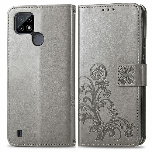 Leather Case Stands Flip Flowers Cover Holder for Realme C25Y India Gray