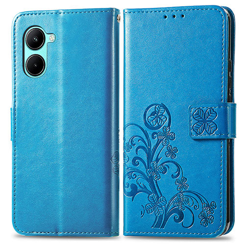 Leather Case Stands Flip Flowers Cover Holder for Realme C33 (2023) Blue