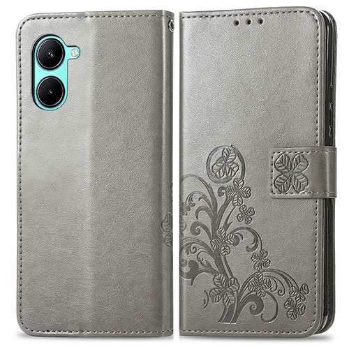 Leather Case Stands Flip Flowers Cover Holder for Realme C33 (2023) Gray