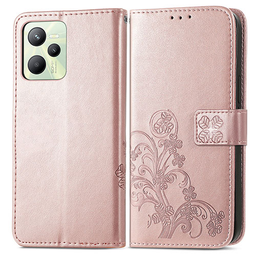 Leather Case Stands Flip Flowers Cover Holder for Realme C35 Rose Gold