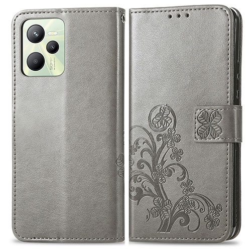 Leather Case Stands Flip Flowers Cover Holder for Realme Narzo 50A Prime Gray