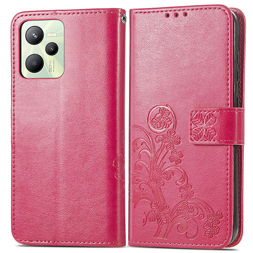 Leather Case Stands Flip Flowers Cover Holder for Realme Narzo 50A Prime Hot Pink