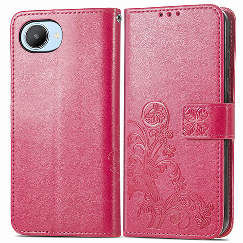 Leather Case Stands Flip Flowers Cover Holder for Realme Narzo 50i Prime Hot Pink