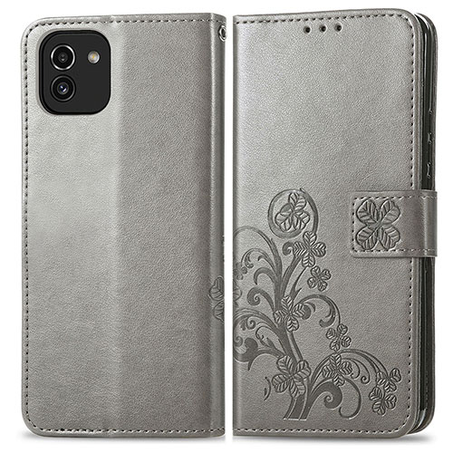 Leather Case Stands Flip Flowers Cover Holder for Samsung Galaxy A03 Gray