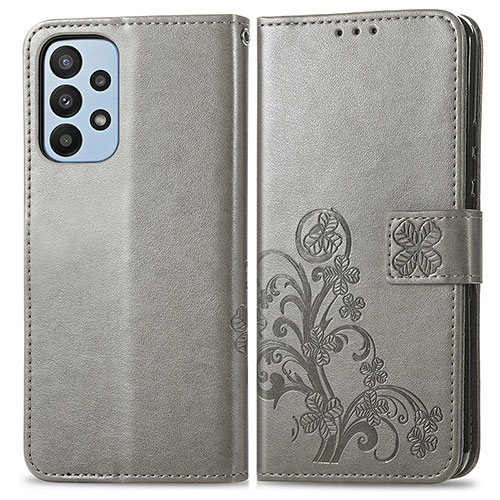 Leather Case Stands Flip Flowers Cover Holder for Samsung Galaxy A23 4G Gray