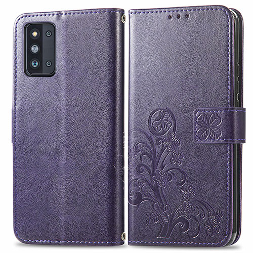 Leather Case Stands Flip Flowers Cover Holder for Samsung Galaxy F52 5G Purple