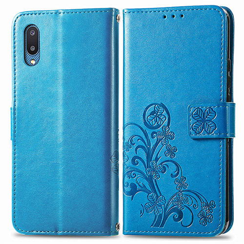 Leather Case Stands Flip Flowers Cover Holder for Samsung Galaxy M02 Blue