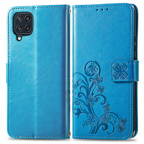 Leather Case Stands Flip Flowers Cover Holder for Samsung Galaxy M32 4G Blue