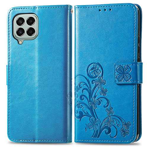 Leather Case Stands Flip Flowers Cover Holder for Samsung Galaxy M33 5G Blue