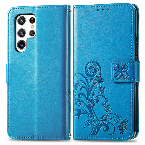 Leather Case Stands Flip Flowers Cover Holder for Samsung Galaxy S23 Ultra 5G Blue