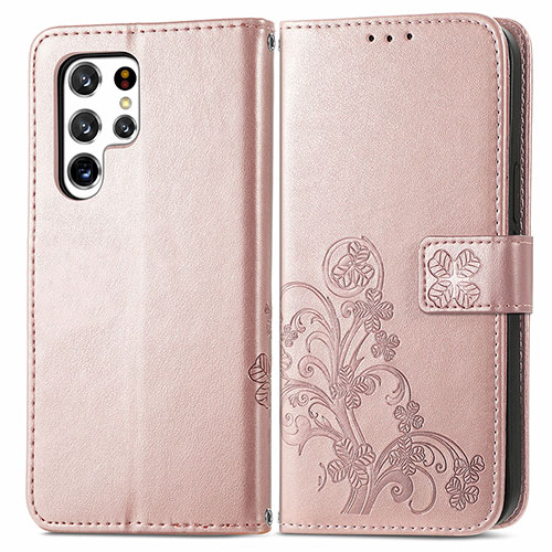 Leather Case Stands Flip Flowers Cover Holder for Samsung Galaxy S23 Ultra 5G Pink