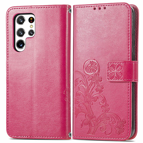 Leather Case Stands Flip Flowers Cover Holder for Samsung Galaxy S23 Ultra 5G Red