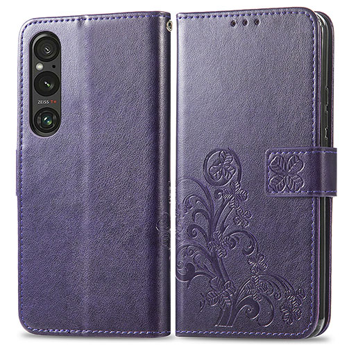 Leather Case Stands Flip Flowers Cover Holder for Sony Xperia 1 V Purple