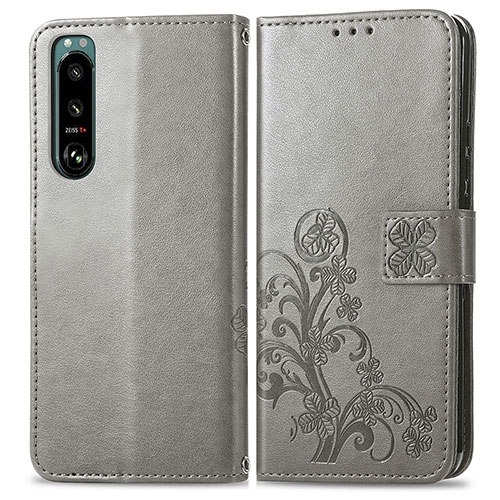 Leather Case Stands Flip Flowers Cover Holder for Sony Xperia 5 III Gray