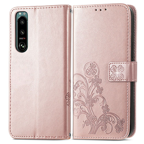 Leather Case Stands Flip Flowers Cover Holder for Sony Xperia 5 IV Pink
