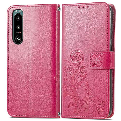 Leather Case Stands Flip Flowers Cover Holder for Sony Xperia 5 IV Red