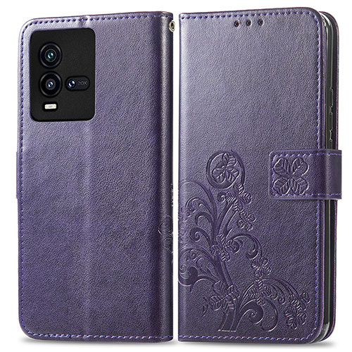 Leather Case Stands Flip Flowers Cover Holder for Vivo iQOO 10 5G Purple