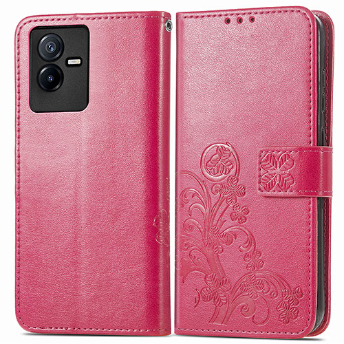 Leather Case Stands Flip Flowers Cover Holder for Vivo iQOO Z6x Red
