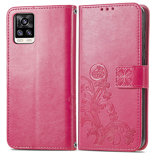 Leather Case Stands Flip Flowers Cover Holder for Vivo V20 (2021) Red