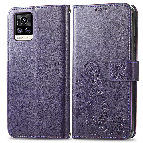 Leather Case Stands Flip Flowers Cover Holder for Vivo V20 Purple