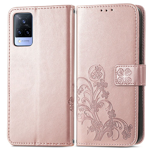 Leather Case Stands Flip Flowers Cover Holder for Vivo V21 5G Pink