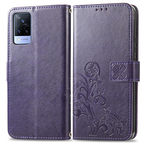 Leather Case Stands Flip Flowers Cover Holder for Vivo V21 5G Purple