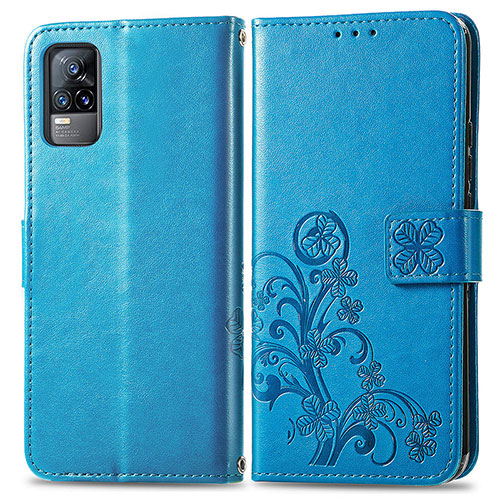 Leather Case Stands Flip Flowers Cover Holder for Vivo V21e 4G Blue