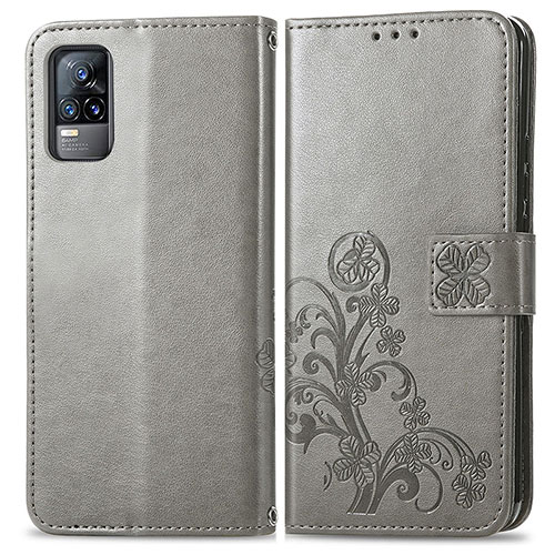 Leather Case Stands Flip Flowers Cover Holder for Vivo V21e 4G Gray