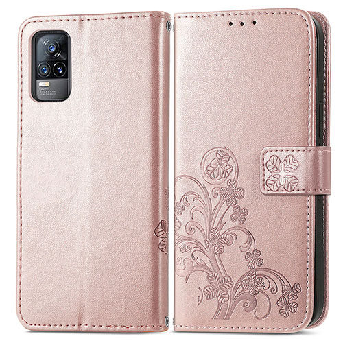 Leather Case Stands Flip Flowers Cover Holder for Vivo V21e 4G Pink