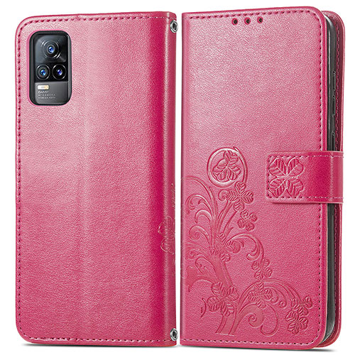 Leather Case Stands Flip Flowers Cover Holder for Vivo V21e 4G Red