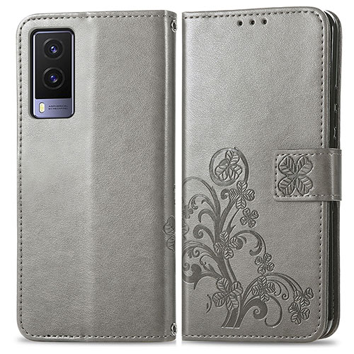 Leather Case Stands Flip Flowers Cover Holder for Vivo V21e 5G Gray