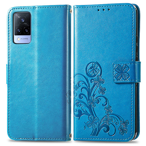 Leather Case Stands Flip Flowers Cover Holder for Vivo V21s 5G Blue