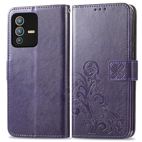 Leather Case Stands Flip Flowers Cover Holder for Vivo V23 Pro 5G Purple
