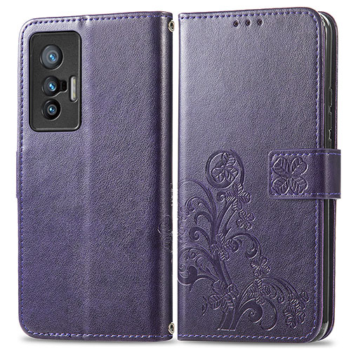 Leather Case Stands Flip Flowers Cover Holder for Vivo X70 5G Purple