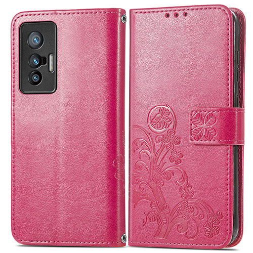 Leather Case Stands Flip Flowers Cover Holder for Vivo X70 5G Red