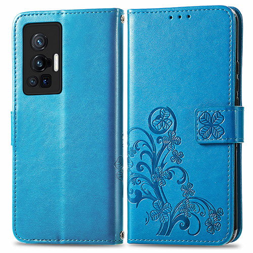 Leather Case Stands Flip Flowers Cover Holder for Vivo X70 Pro 5G Blue