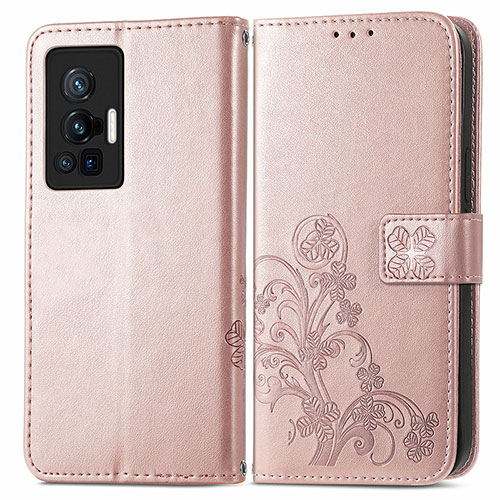 Leather Case Stands Flip Flowers Cover Holder for Vivo X70 Pro 5G Pink