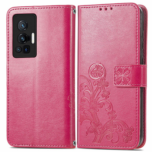 Leather Case Stands Flip Flowers Cover Holder for Vivo X70 Pro 5G Red