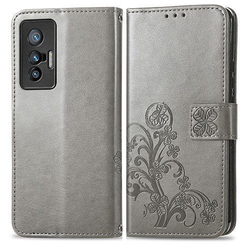 Leather Case Stands Flip Flowers Cover Holder for Vivo X70t Gray