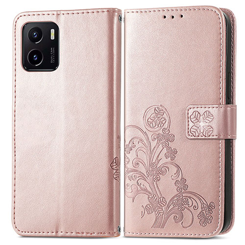 Leather Case Stands Flip Flowers Cover Holder for Vivo Y01 Pink