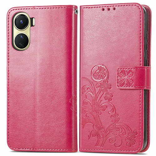 Leather Case Stands Flip Flowers Cover Holder for Vivo Y16 Red