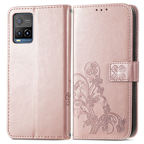 Leather Case Stands Flip Flowers Cover Holder for Vivo Y21s Pink