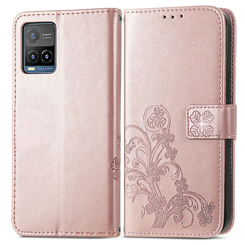 Leather Case Stands Flip Flowers Cover Holder for Vivo Y33T Pink