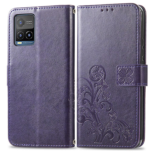 Leather Case Stands Flip Flowers Cover Holder for Vivo Y33T Purple