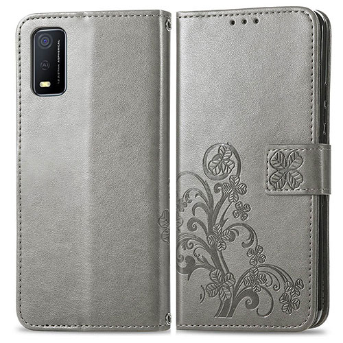 Leather Case Stands Flip Flowers Cover Holder for Vivo Y3s (2021) Gray