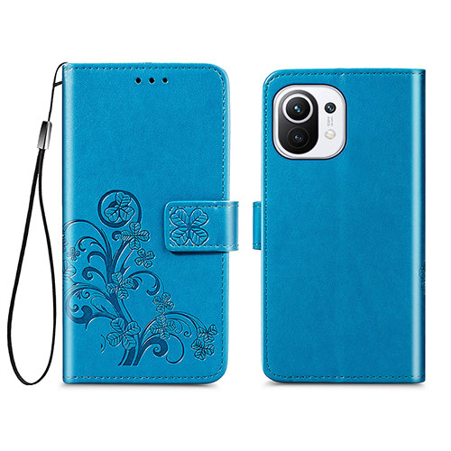 Leather Case Stands Flip Flowers Cover Holder for Xiaomi Mi 11 Lite 4G Blue